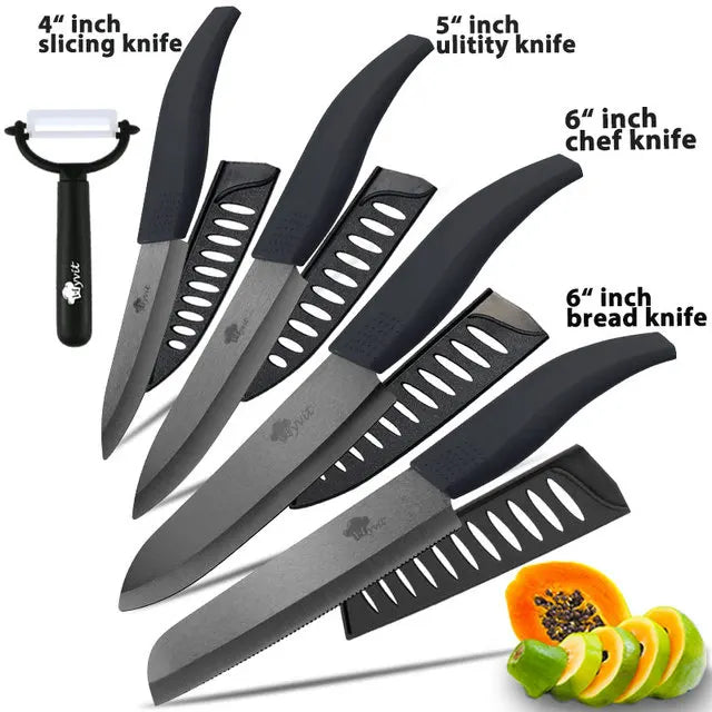 Set di coltelli in ceramica per unità da cucina 3 4 5 6 pollici Utilità per affettare frutta Pelapatate con guaina Lama in zirconia nera Coltello da chef per pane