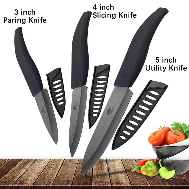 Set di coltelli in ceramica per unità da cucina 3 4 5 6 pollici Utilità per affettare frutta Pelapatate con guaina Lama in zirconia nera Coltello da chef per pane