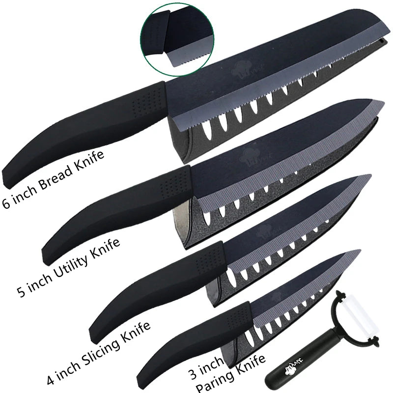 Set di coltelli in ceramica per unità da cucina 3 4 5 6 pollici Utilità per affettare frutta Pelapatate con guaina Lama in zirconia nera Coltello da chef per pane