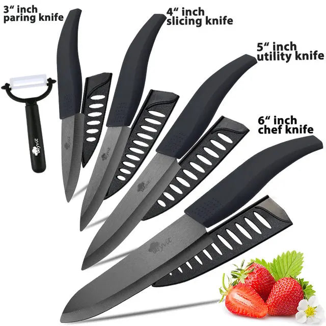 Set di coltelli in ceramica per unità da cucina 3 4 5 6 pollici Utilità per affettare frutta Pelapatate con guaina Lama in zirconia nera Coltello da chef per pane