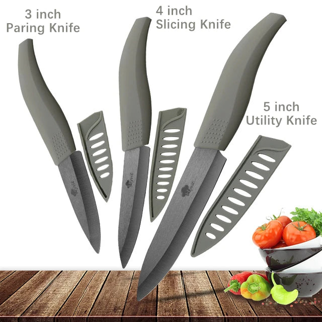 Set di coltelli in ceramica per unità da cucina 3 4 5 6 pollici Utilità per affettare frutta Pelapatate con guaina Lama in zirconia nera Coltello da chef per pane