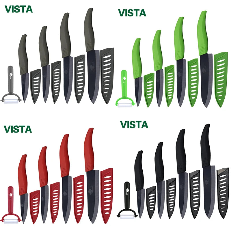 Set di coltelli in ceramica per unità da cucina 3 4 5 6 pollici Utilità per affettare frutta Pelapatate con guaina Lama in zirconia nera Coltello da chef per pane