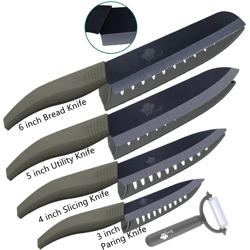 Set di coltelli in ceramica per unità da cucina 3 4 5 6 pollici Utilità per affettare frutta Pelapatate con guaina Lama in zirconia nera Coltello da chef per pane