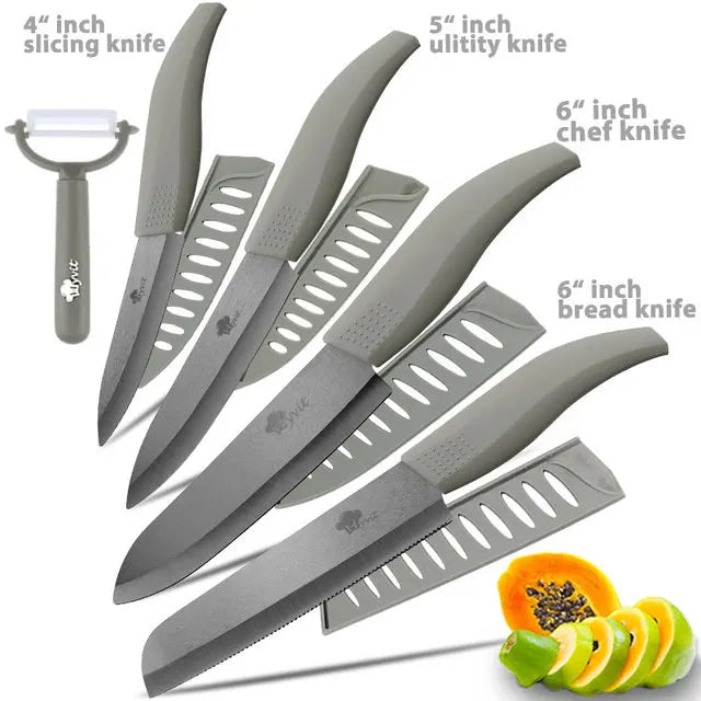 Set di coltelli in ceramica per unità da cucina 3 4 5 6 pollici Utilità per affettare frutta Pelapatate con guaina Lama in zirconia nera Coltello da chef per pane