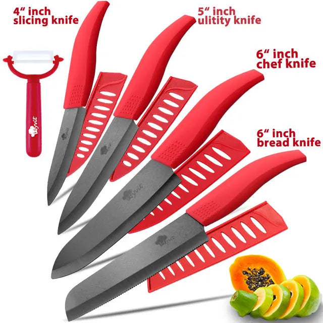 Set di coltelli in ceramica per unità da cucina 3 4 5 6 pollici Utilità per affettare frutta Pelapatate con guaina Lama in zirconia nera Coltello da chef per pane