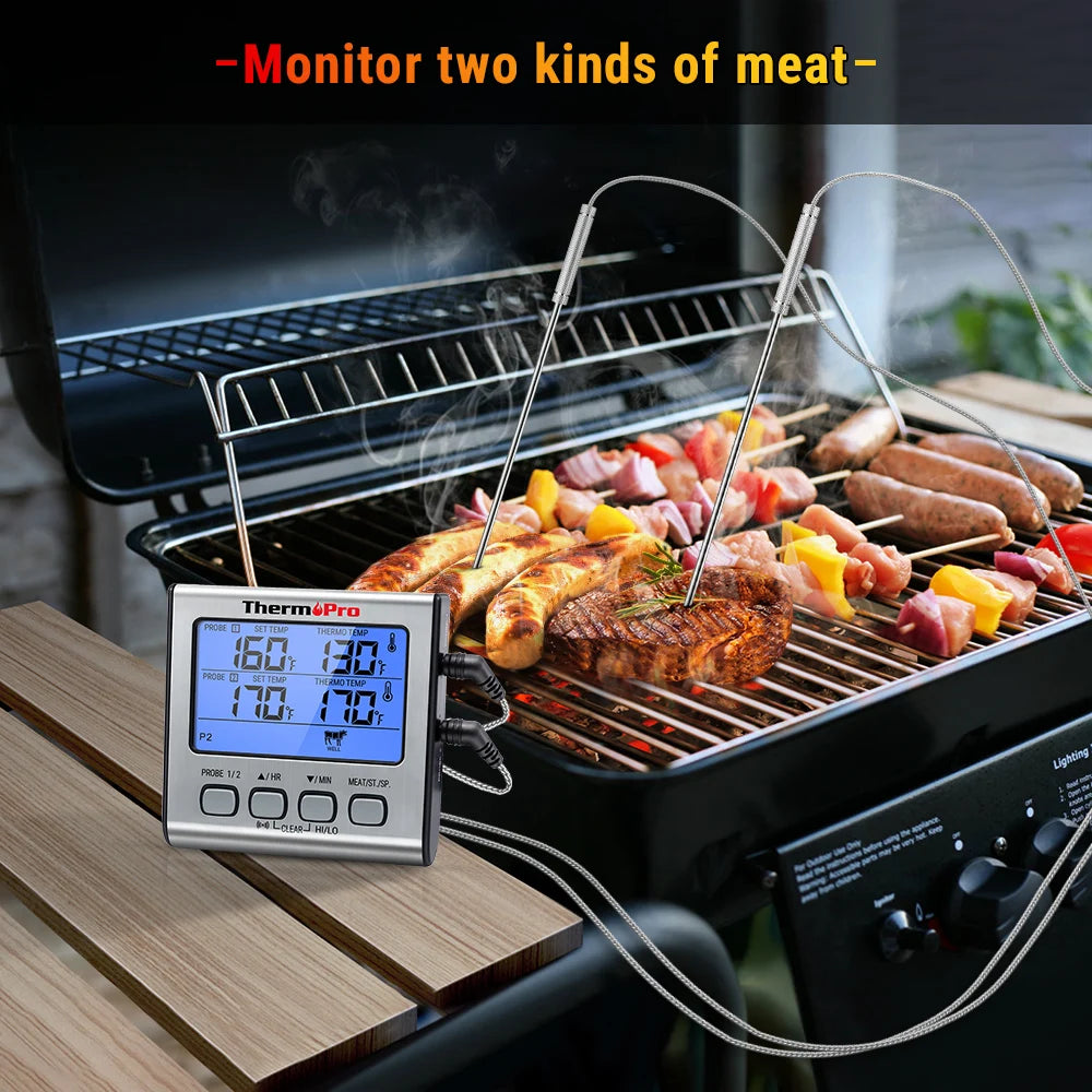 ThermoPro TP17 Termometro digitale per carne da esterno a doppia sonda Termometro da forno per barbecue con grande schermo LCD per cucina
