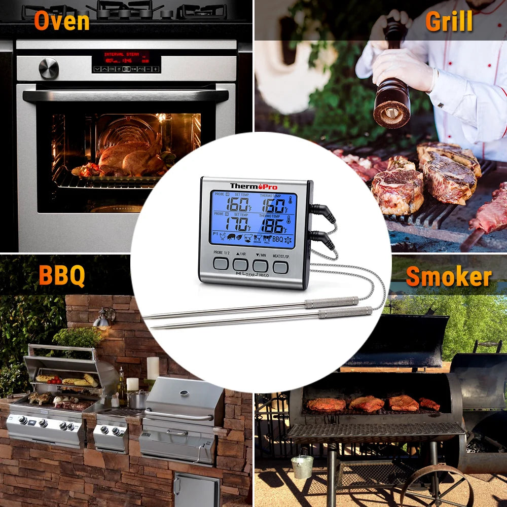 ThermoPro TP17 Termometro digitale per carne da esterno a doppia sonda Termometro da forno per barbecue con grande schermo LCD per cucina