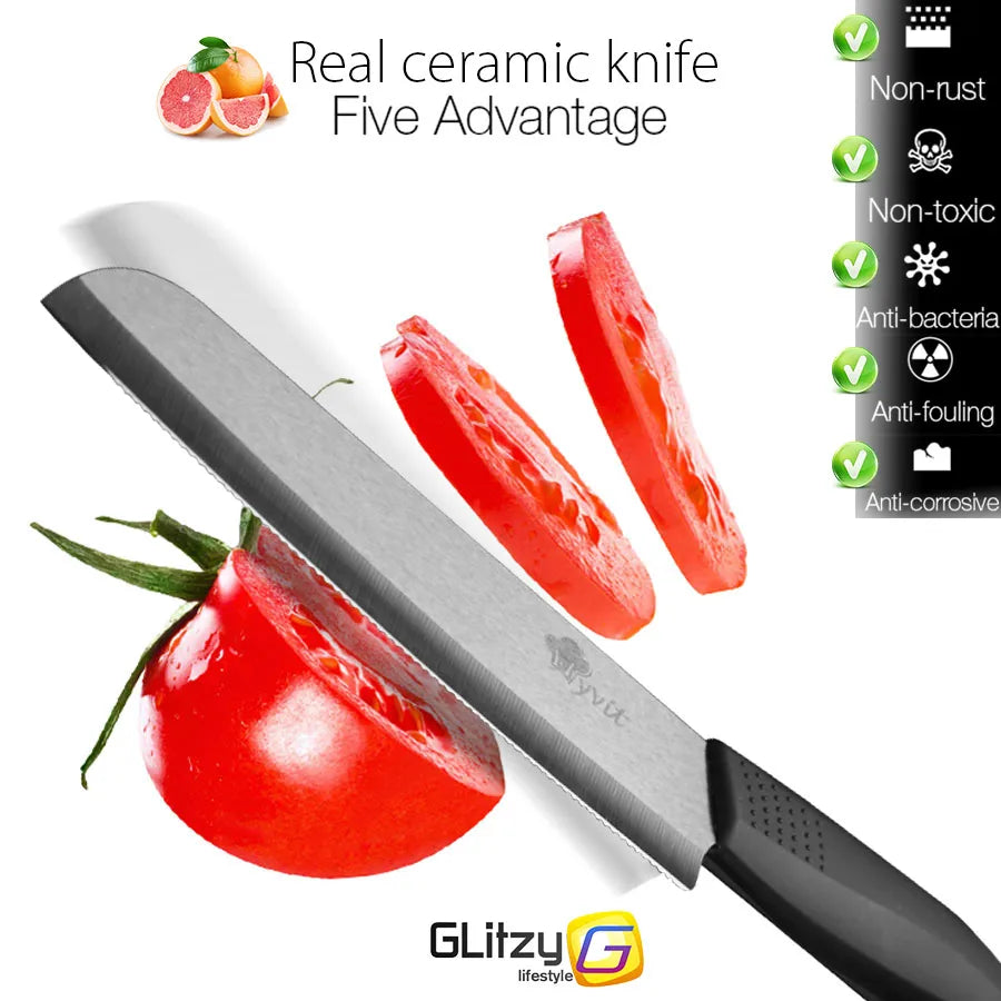Set di coltelli in ceramica per unità da cucina 3 4 5 6 pollici Utilità per affettare frutta Pelapatate con guaina Lama in zirconia nera Coltello da chef per pane
