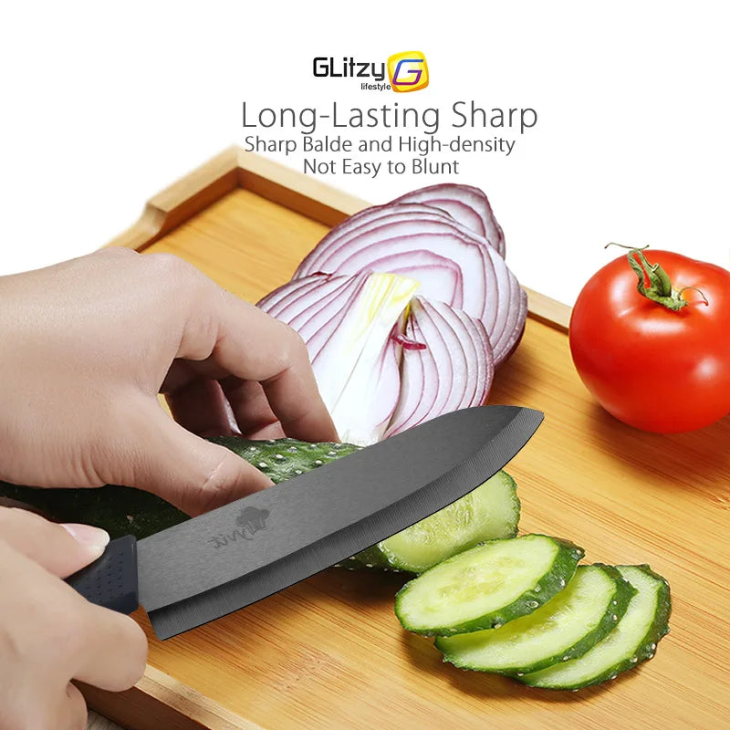 Set di coltelli in ceramica per unità da cucina 3 4 5 6 pollici Utilità per affettare frutta Pelapatate con guaina Lama in zirconia nera Coltello da chef per pane
