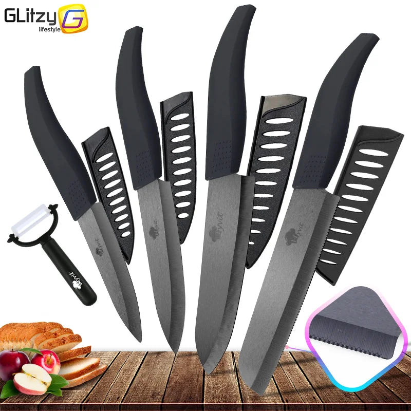 Set di coltelli in ceramica per unità da cucina 3 4 5 6 pollici Utilità per affettare frutta Pelapatate con guaina Lama in zirconia nera Coltello da chef per pane