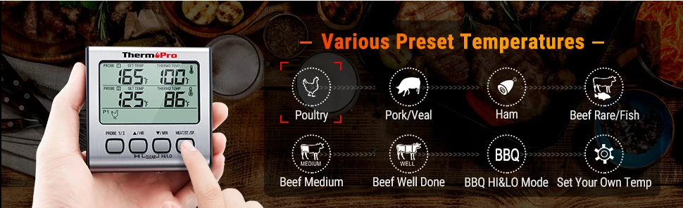 ThermoPro TP17 Termometro digitale per carne da esterno a doppia sonda Termometro da forno per barbecue con grande schermo LCD per cucina