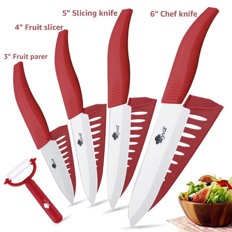 Set di coltelli in ceramica per unità da cucina 3 4 5 6 pollici Utilità per affettare frutta Pelapatate con guaina Lama in zirconia nera Coltello da chef per pane