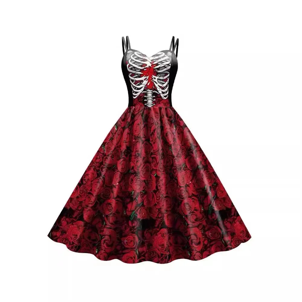 Nuovi costumi di Halloween per le donne Abito con stampa teschio Abito senza maniche Tunica Abiti da festa vintage Abiti gotici Vestido in maschera