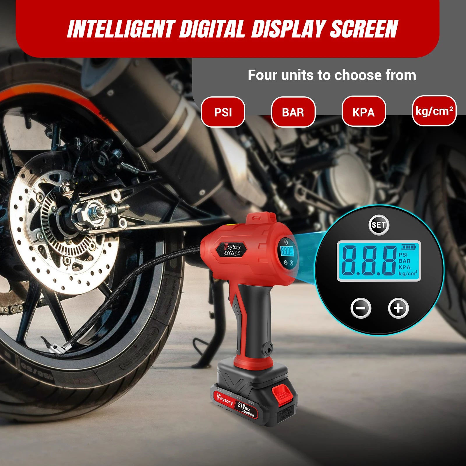 Gonfiatore per pneumatici senza fili Compressore d'aria Pompa per pneumatici per auto alimentata a batteria con manometro digitale e luce a LED per auto, moto, bici