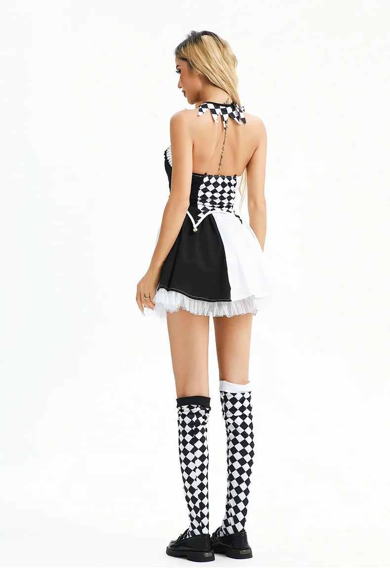 Costumi di Halloween Prestazioni del circo Pagliaccio Abiti da ragazza piccanti sexy per feste di carnevale di streghe a quadretti in bianco e nero
