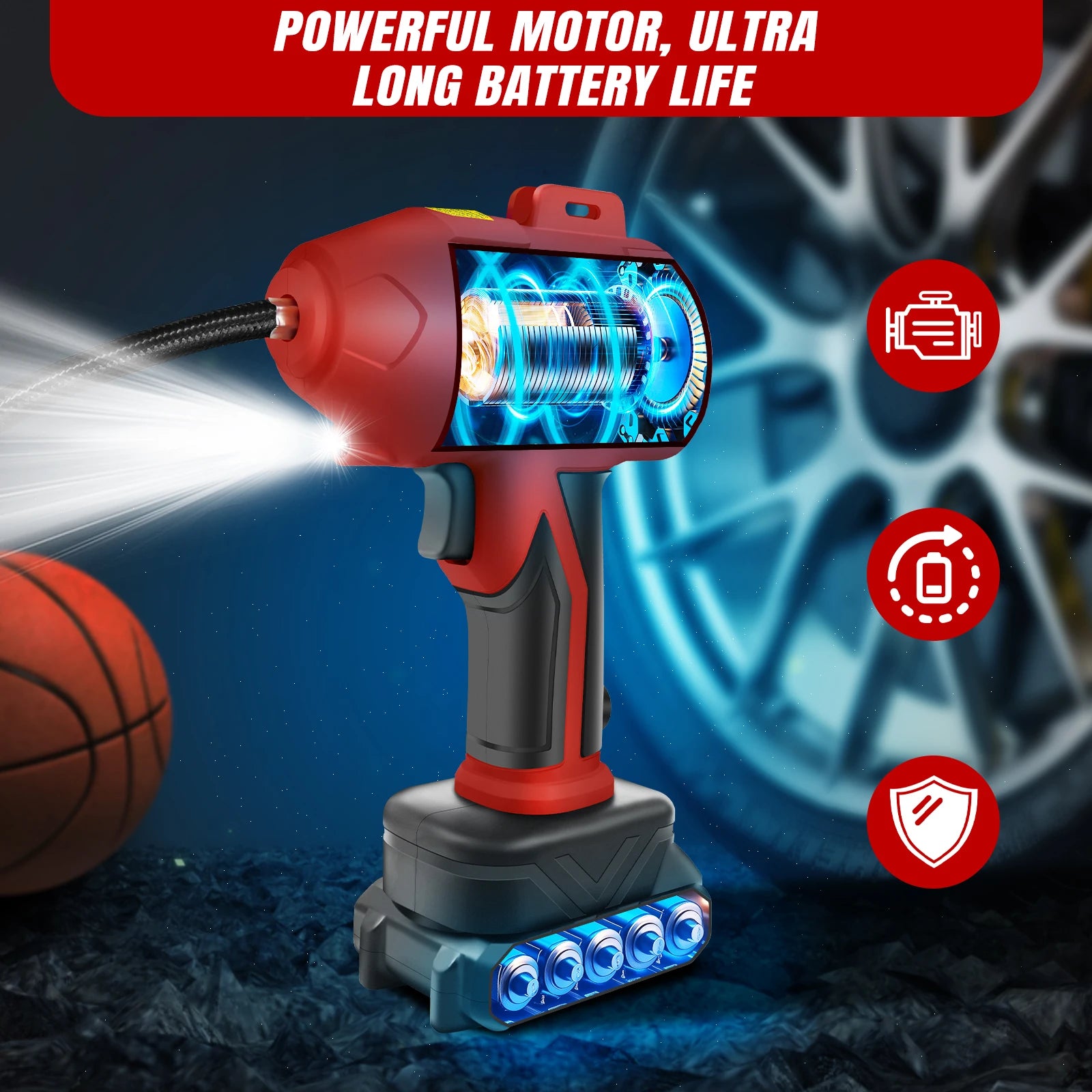 Gonfiatore per pneumatici senza fili Compressore d'aria Pompa per pneumatici per auto alimentata a batteria con manometro digitale e luce a LED per auto, moto, bici