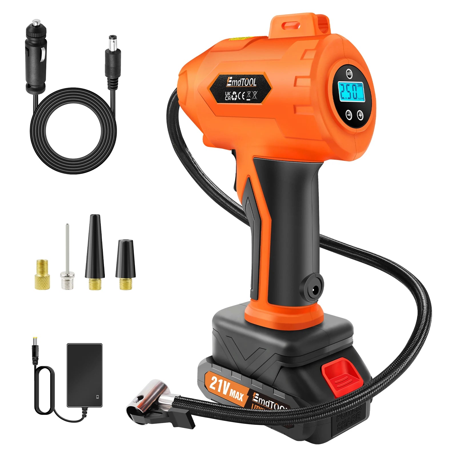 Gonfiatore per pneumatici senza fili Compressore d'aria Pompa per pneumatici per auto alimentata a batteria con manometro digitale e luce a LED per auto, moto, bici