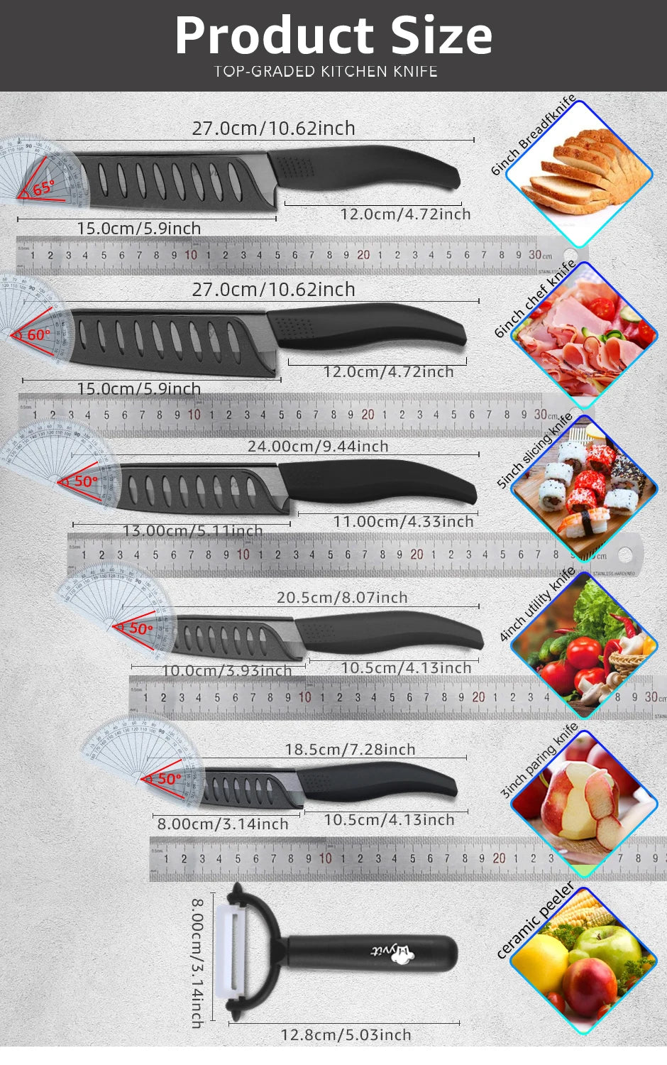 Set di coltelli in ceramica per unità da cucina 3 4 5 6 pollici Utilità per affettare frutta Pelapatate con guaina Lama in zirconia nera Coltello da chef per pane