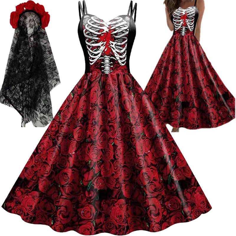 Nuovi costumi di Halloween per le donne Abito con stampa teschio Abito senza maniche Tunica Abiti da festa vintage Abiti gotici Vestido in maschera