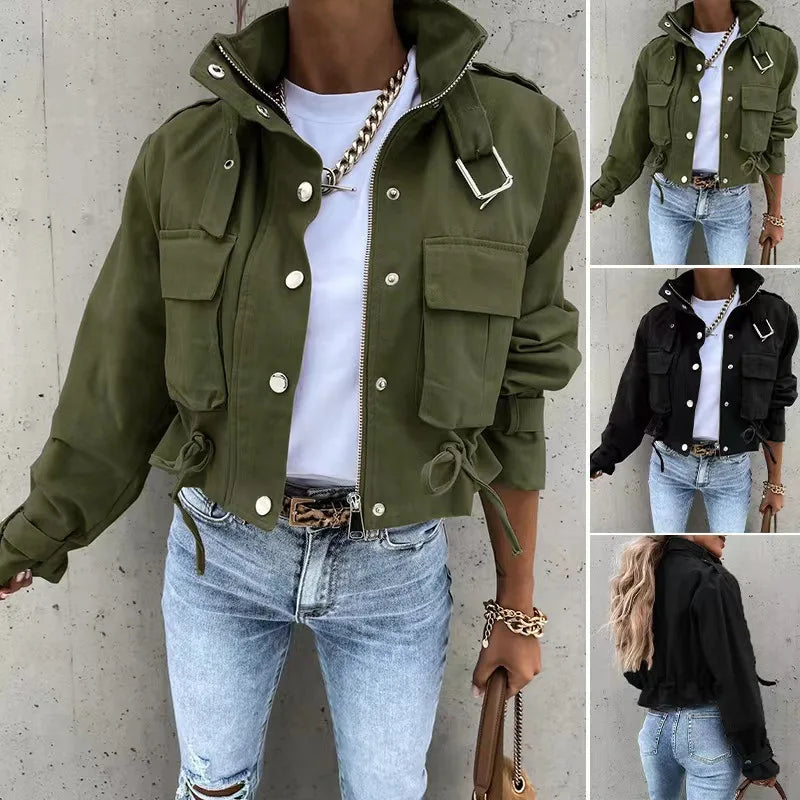 Giacche Cappotti da donna Cappotto con colletto alla coreana Stampa con cerniera Y2k Top Streetwear Capispalla casual Giacca da lavoro primaverile monopetto