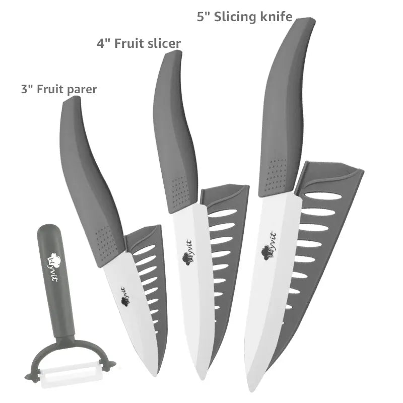 Set di coltelli in ceramica per unità da cucina 3 4 5 6 pollici Utilità per affettare frutta Pelapatate con guaina Lama in zirconia nera Coltello da chef per pane