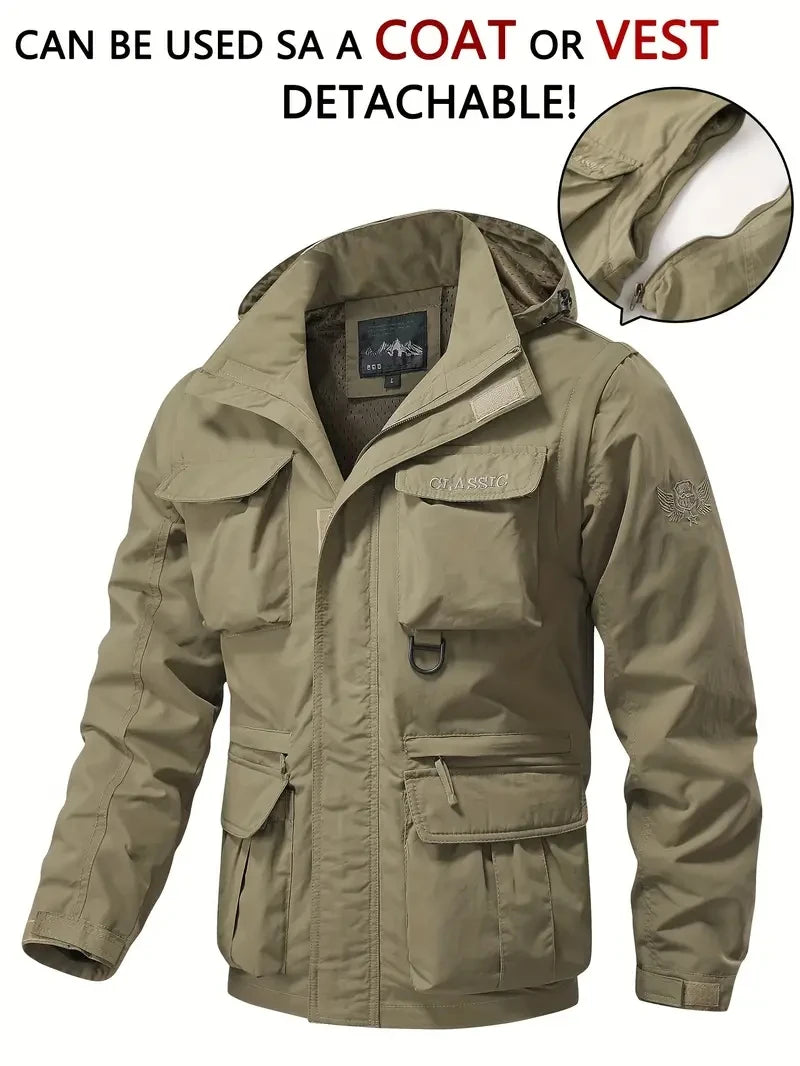 Giacca con cappuccio staccabile con maniche antivento adatta per attività all'aperto gilet multitasche impermeabile casual da uomo