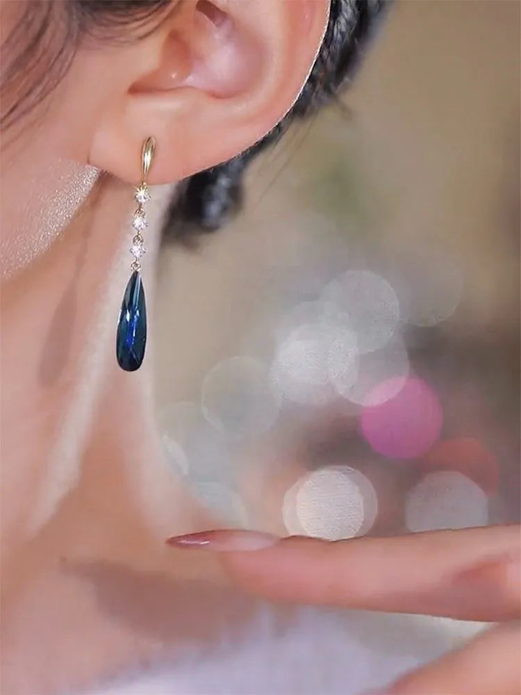 Orecchini pendenti in cristallo blu lucido alla moda per le donne moda semplice ciondolo a goccia d'acqua orecchino ragazza festa gioielli da sposa regali