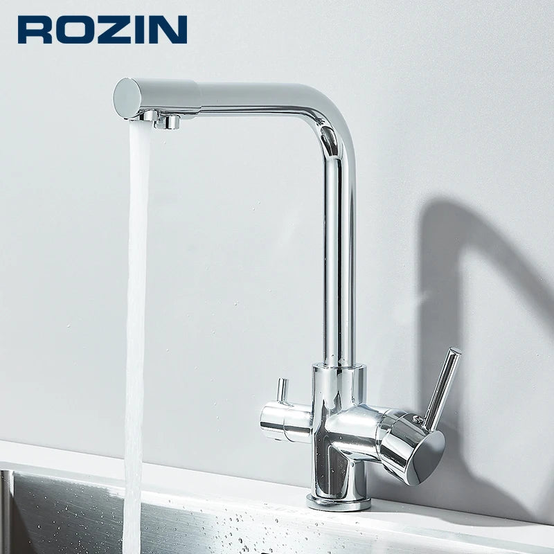Rozin In Ottone Cromato Da Cucina Rubinetto Miscelatore Acqua Purificata Rubinetto e Acqua Pura Filtro Rubinetto Deck Mounted Raddoppiano Le Maniglie Caldo Freddo rubinetti