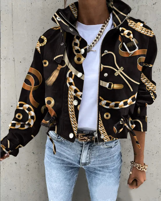 Giacche Cappotti da donna Cappotto con colletto alla coreana Stampa con cerniera Y2k Top Streetwear Capispalla casual Giacca da lavoro primaverile monopetto