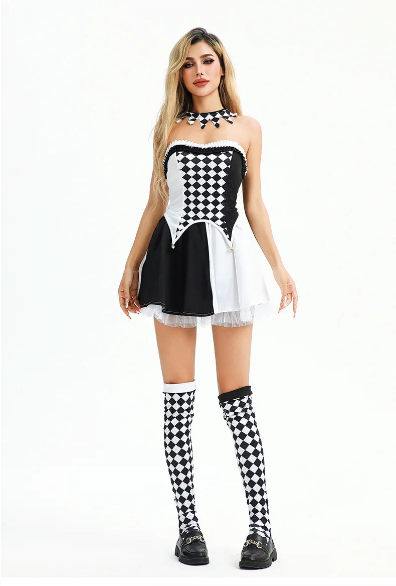 Costumi di Halloween Prestazioni del circo Pagliaccio Abiti da ragazza piccanti sexy per feste di carnevale di streghe a quadretti in bianco e nero