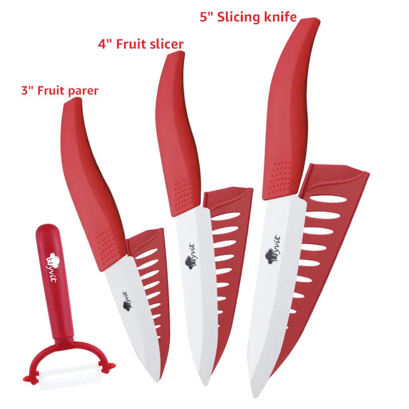 Set di coltelli in ceramica per unità da cucina 3 4 5 6 pollici Utilità per affettare frutta Pelapatate con guaina Lama in zirconia nera Coltello da chef per pane