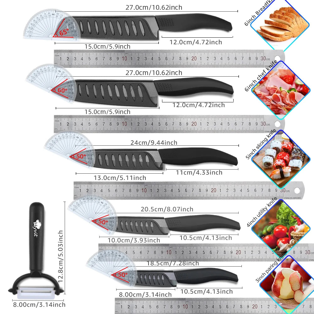 Set di coltelli in ceramica per unità da cucina 3 4 5 6 pollici Utilità per affettare frutta Pelapatate con guaina Lama in zirconia nera Coltello da chef per pane