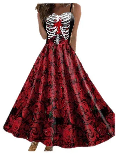 Nuovi costumi di Halloween per le donne Abito con stampa teschio Abito senza maniche Tunica Abiti da festa vintage Abiti gotici Vestido in maschera