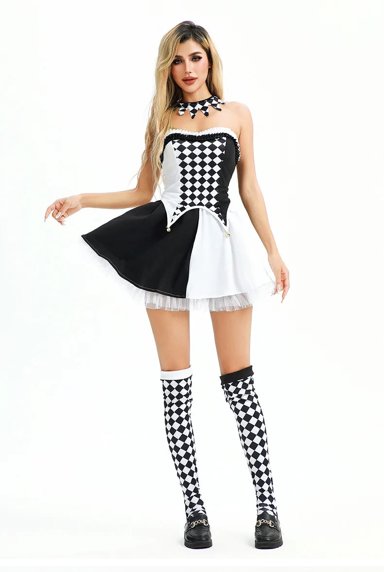 Costumi di Halloween Prestazioni del circo Pagliaccio Abiti da ragazza piccanti sexy per feste di carnevale di streghe a quadretti in bianco e nero