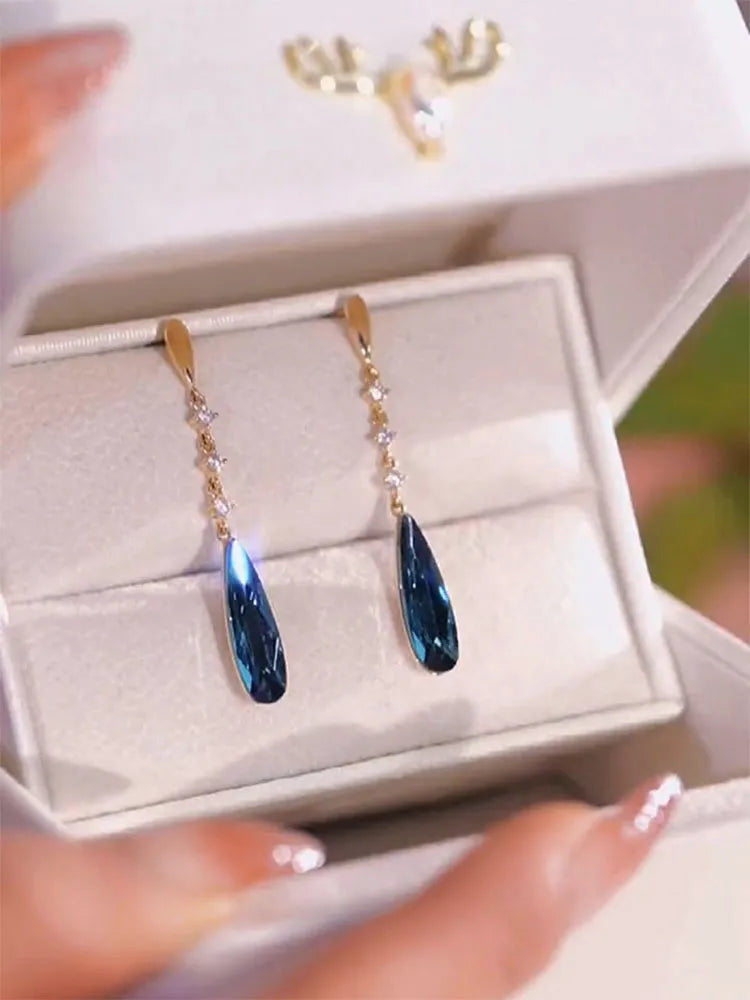 Orecchini pendenti in cristallo blu lucido alla moda per le donne moda semplice ciondolo a goccia d'acqua orecchino ragazza festa gioielli da sposa regali