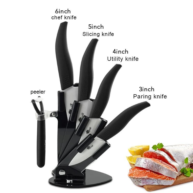 Set di coltelli in ceramica per unità da cucina 3 4 5 6 pollici Utilità per affettare frutta Pelapatate con guaina Lama in zirconia nera Coltello da chef per pane