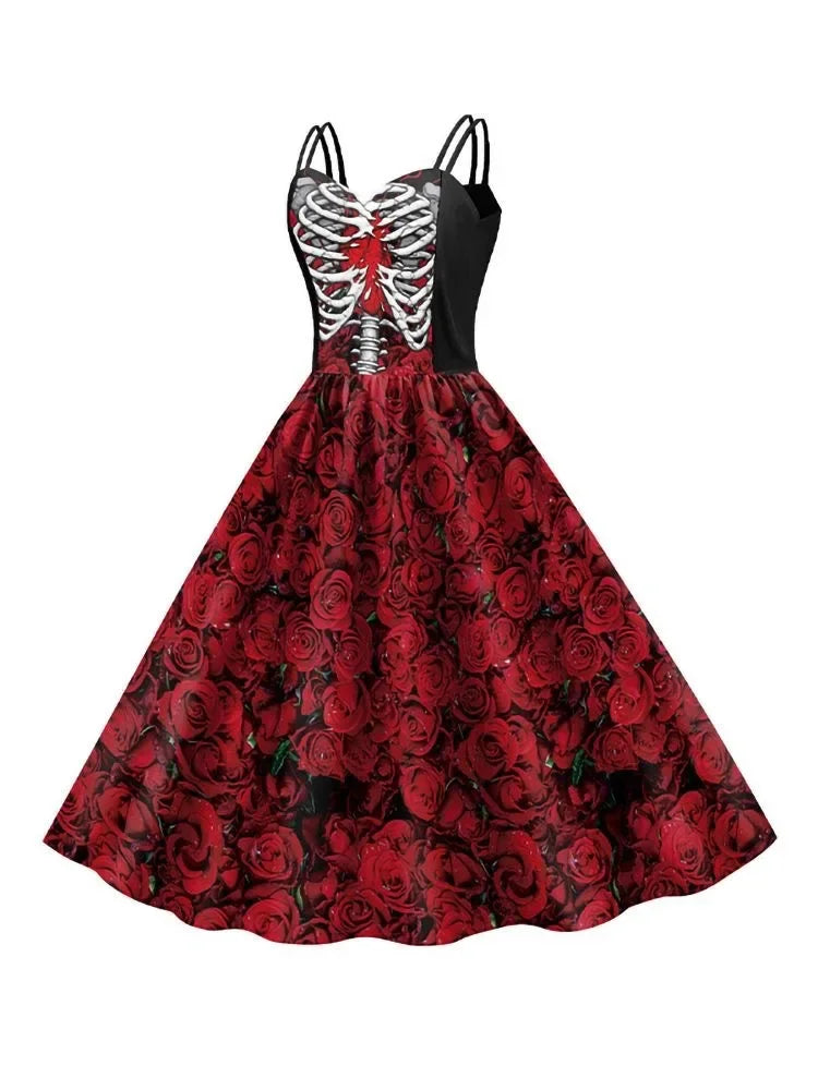Nuovi costumi di Halloween per le donne Abito con stampa teschio Abito senza maniche Tunica Abiti da festa vintage Abiti gotici Vestido in maschera