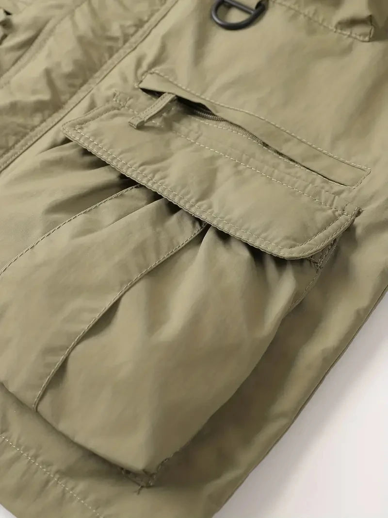 Giacca con cappuccio staccabile con maniche antivento adatta per attività all'aperto gilet multitasche impermeabile casual da uomo
