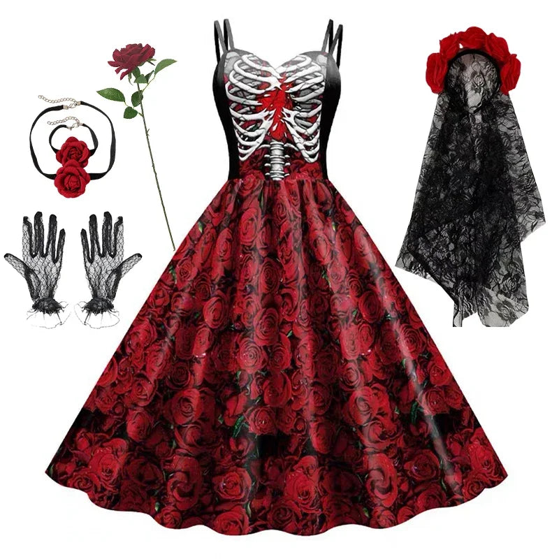 Nuovi costumi di Halloween per le donne Abito con stampa teschio Abito senza maniche Tunica Abiti da festa vintage Abiti gotici Vestido in maschera
