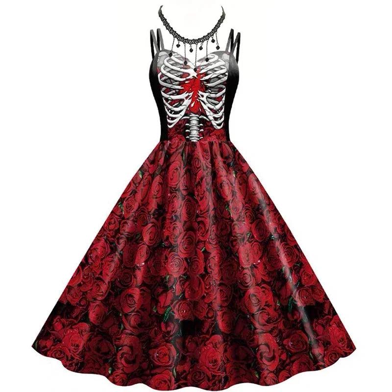 Nuovi costumi di Halloween per le donne Abito con stampa teschio Abito senza maniche Tunica Abiti da festa vintage Abiti gotici Vestido in maschera