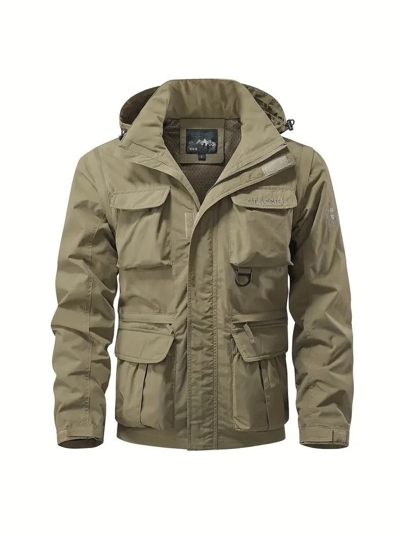 Giacca con cappuccio staccabile con maniche antivento adatta per attività all'aperto gilet multitasche impermeabile casual da uomo