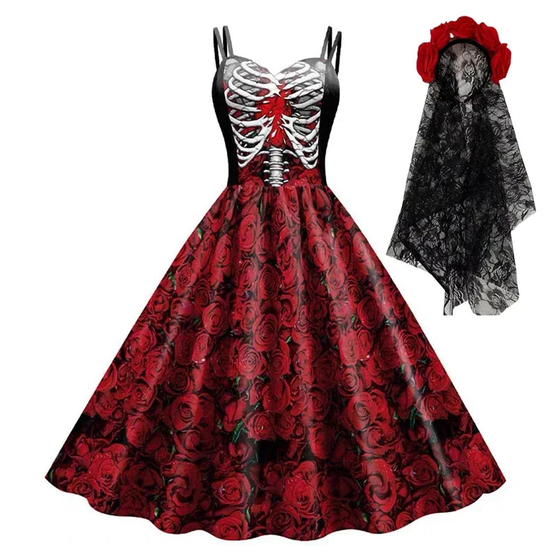 Nuovi costumi di Halloween per le donne Abito con stampa teschio Abito senza maniche Tunica Abiti da festa vintage Abiti gotici Vestido in maschera