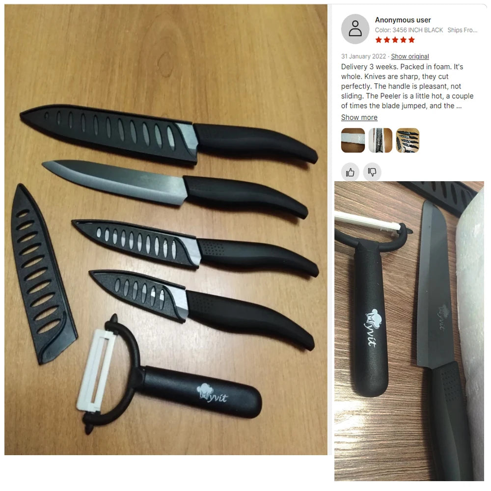 Set di coltelli in ceramica per unità da cucina 3 4 5 6 pollici Utilità per affettare frutta Pelapatate con guaina Lama in zirconia nera Coltello da chef per pane