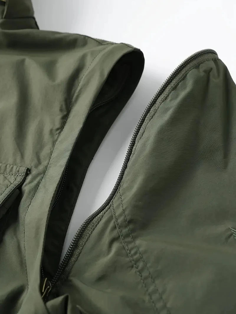 Giacca con cappuccio staccabile con maniche antivento adatta per attività all'aperto gilet multitasche impermeabile casual da uomo