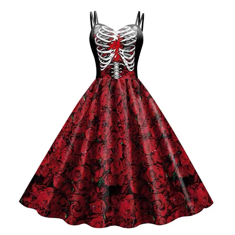Nuovi costumi di Halloween per le donne Abito con stampa teschio Abito senza maniche Tunica Abiti da festa vintage Abiti gotici Vestido in maschera
