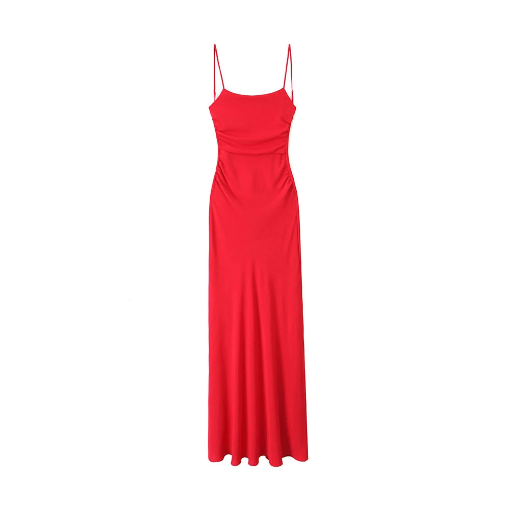 Abito midi drappeggiato da donna, collo dritto, spalline sottili, abiti femminili senza schienale, moda chic