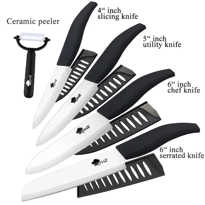 Set di coltelli in ceramica per unità da cucina 3 4 5 6 pollici Utilità per affettare frutta Pelapatate con guaina Lama in zirconia nera Coltello da chef per pane