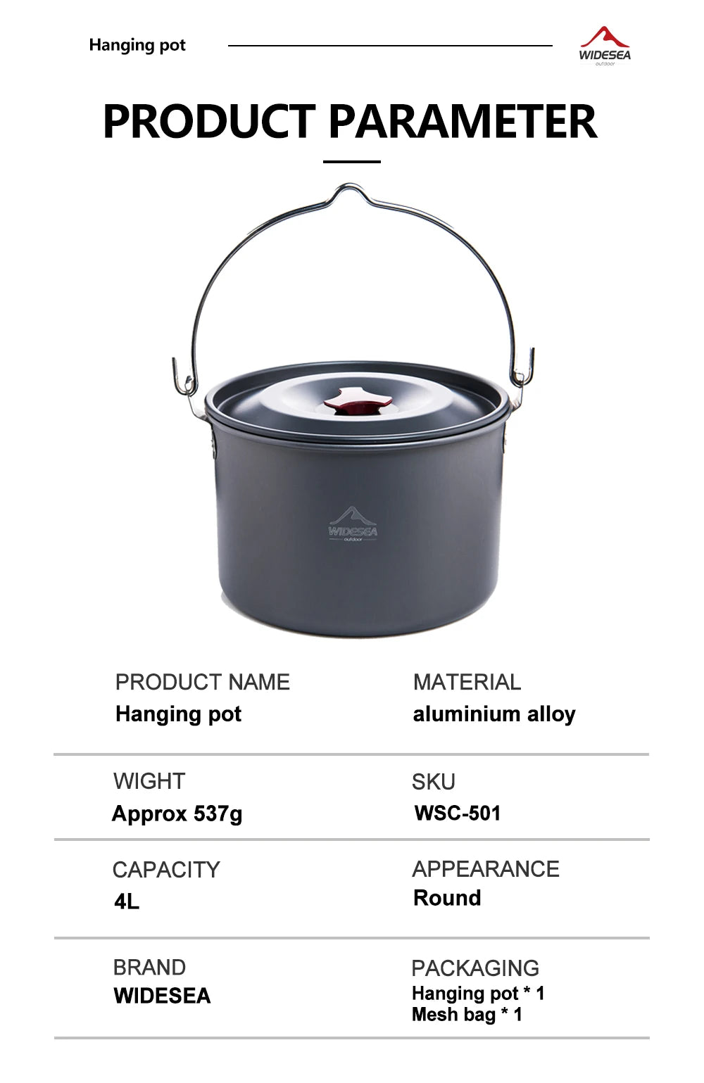 Widesea 4L campeggio appeso pentole pentole bombetta da esterno stoviglie 4-6 persone Picnic cucina turismo pesca attrezzatura da cucina