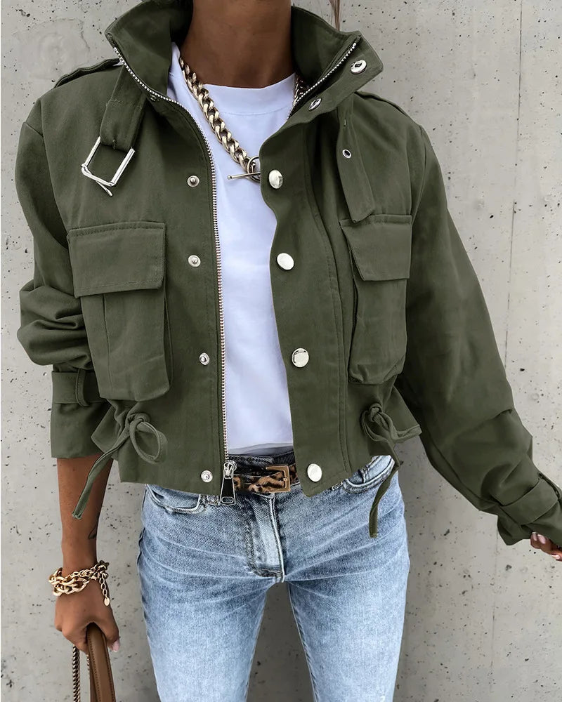 Giacche Cappotti da donna Cappotto con colletto alla coreana Stampa con cerniera Y2k Top Streetwear Capispalla casual Giacca da lavoro primaverile monopetto