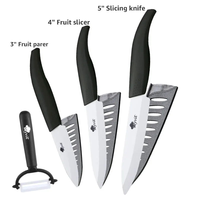 Set di coltelli in ceramica per unità da cucina 3 4 5 6 pollici Utilità per affettare frutta Pelapatate con guaina Lama in zirconia nera Coltello da chef per pane
